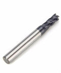 Solid carbide end mill, 0.5mm diameter, 4-flute, AlTiN-coated cutting tool with silver shank (angled view)