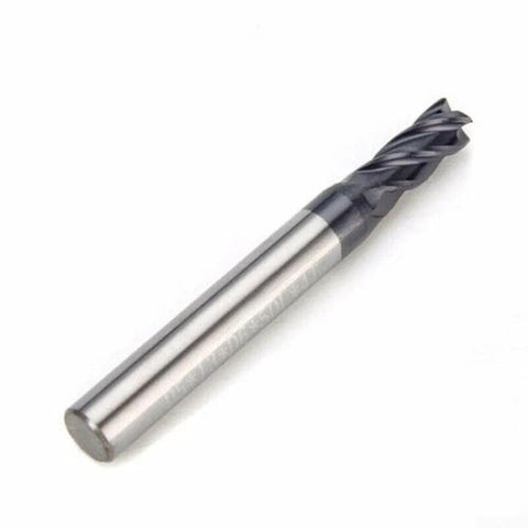 Solid carbide end mill, 0.5mm diameter, 4-flute, AlTiN-coated cutting tool with silver shank (angled view)
