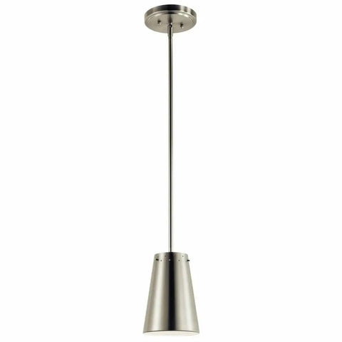 One Light LED Mini Pendant in Brushed Nickel with Integrated 3000K Warm LED, sleek steel build, dry location rated for kitchens.