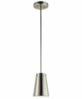 One Light LED Mini Pendant In Brushed Nickel With Integrated 3000K Warm LED Slick Steel Build Dry Location Rated Modern Transitional Pendant Light For Kitchens And Islands