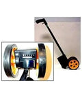 Heavy Duty Twin Wheel Measuring Tracker With Integrated Paint Striking Tools Designed For Dead On Accuracy And Crisp Line Marking On Every Outdoor Jobsite, showing wheels and handle design.