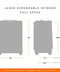 Briggs & Riley expandable spinner luggage dimensions showing height, width, and expanded size features with compression technology.