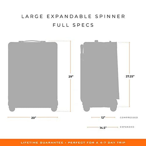 Briggs & Riley expandable spinner luggage dimensions showing height, width, and expanded size features with compression technology.