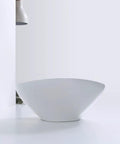 Oval Vessel Sink For Bathroom Above Counter Ceramic Art Basin In Canoe Shape 16 By 13 Inches No Overflow Hole No Faucet Holes Five And A Half Inch Depth Super Sleek And Easy To Install And Clean, side view, white ceramic.