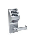 Satin Chrome Trilogy Cylindrical Privacy Lock With Standard Key Bypass And Digital Keypad For Offices, sleek design with numeric keypad.