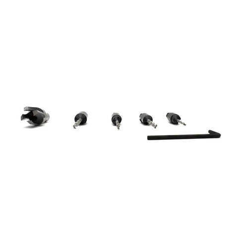 Rugged Five Piece Countersink Bit Set With Depth Adjustable Heads And Quick Swap Hex Shank for chip clearing carpentry tools.