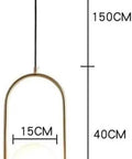 BEQAOR Modern Globe Pendant Light, 1-Light Oval Hoop Hanging Ceiling Fixture dimensions, gold frame and frosted white glass shade.