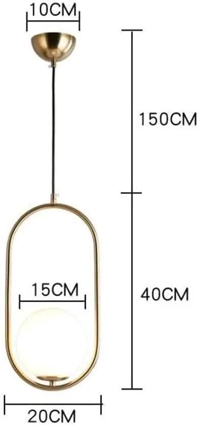 BEQAOR Modern Globe Pendant Light, 1-Light Oval Hoop Hanging Ceiling Fixture dimensions, gold frame and frosted white glass shade.