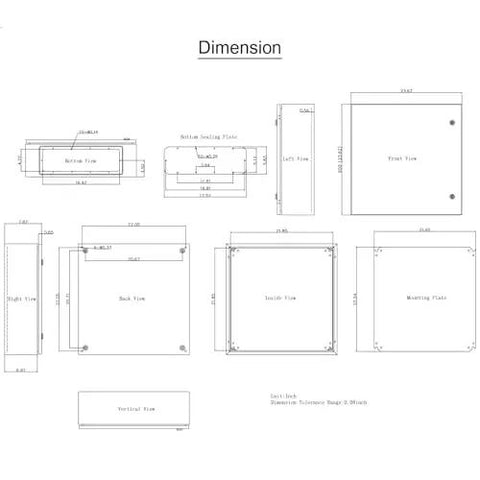 Technical drawing of NEMA 4X Steel Enclosure 24 By 24 By 8 Inches IP66 Waterproof Dustproof Outdoor Indoor Electrical Junction Box with dimensions