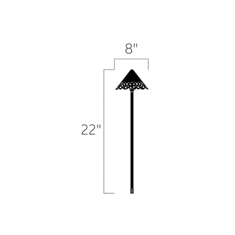 Cast Aluminum Path Light With Hammered Roof In Textured Tannery Bronze, 12V Landscape Fixture For Wet Outdoor Locations, 8-Inch Diameter By 22-Inch Tall, Includes 8-Inch Ground Stake And 24.4W 12V Krypton Bulb, side view dimensions