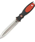 Double Sided Duct Knife With Smooth And Serrated Edges includes puncture resistant nylon sheath and velcro strap ergonomic cushion grip