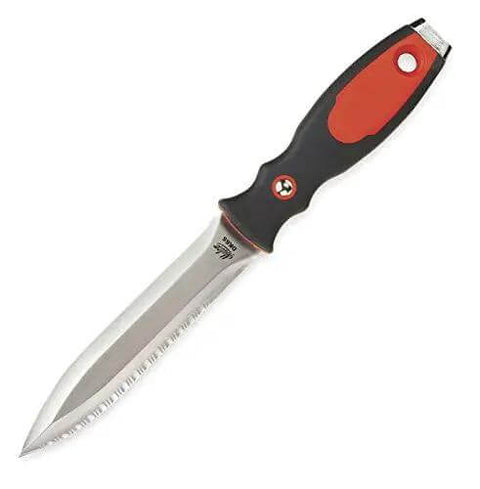 Double Sided Duct Knife With Smooth And Serrated Edges includes puncture resistant nylon sheath and velcro strap ergonomic cushion grip