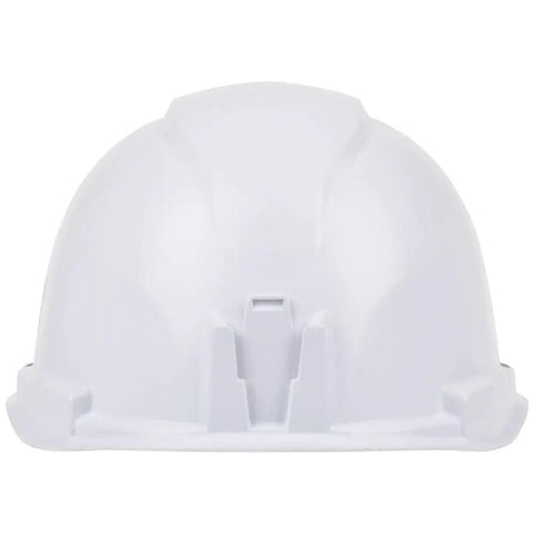 Back view of non-vented cap style hard hat with padded odor-resistant self-wicking sweatband, front/back lamp mounts visible.
