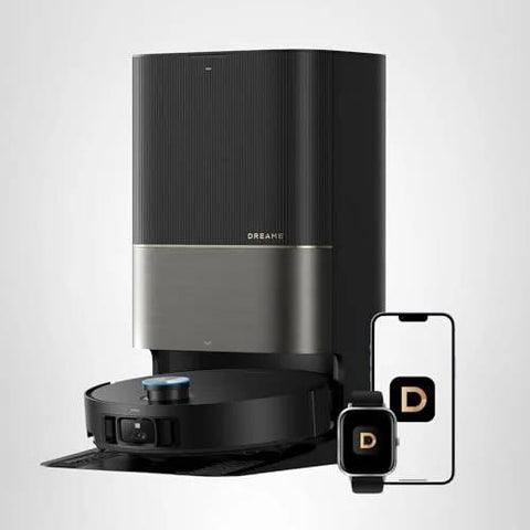 DREAME X50 Ultra robot vacuum and mop with auto-empty dock; black/silver finish, smartphone and smartwatch with D logo
