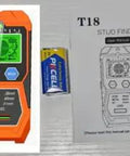 Orange 7IN1 Wall Scanner Stud Finder by LBO, Electronic Stud Detector, HD LCD Display, battery, and user manual.
