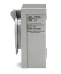 Side view of 30 Amp NEMA 3R Generator Power Inlet Box for outdoor use, gray weatherproof powder-coated steel.