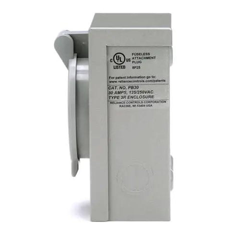 Side view of 30 Amp NEMA 3R Generator Power Inlet Box for outdoor use, gray weatherproof powder-coated steel.