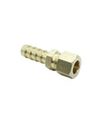 Brass compression-to-hose-barb fitting for 3/8 in tube to 3/8 in hose with hex nut end.