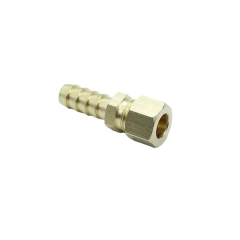 Brass compression-to-hose-barb fitting for 3/8 in tube to 3/8 in hose with hex nut end.