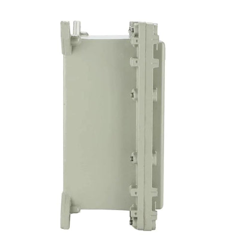 Side view of aluminium alloy explosion-proof junction box with mounting lugs, empty enclosure