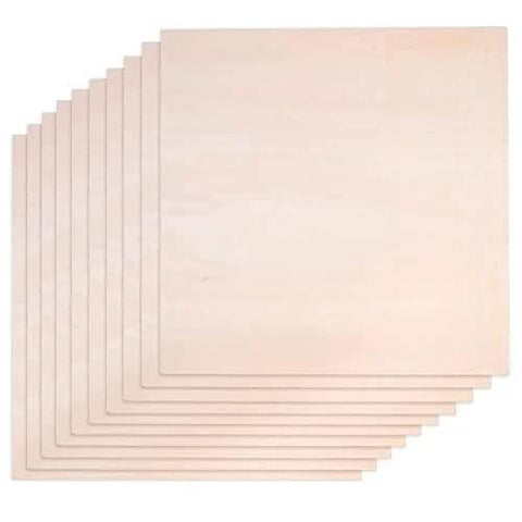 Basswood sheets for crafts, front view, 12 x 12 in, 1/8 in (3 mm) thick, 10-pack, natural wood color.