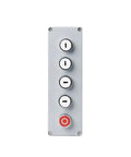 Front view of gray metal DIY push-button control panel with four directional buttons and red emergency stop.