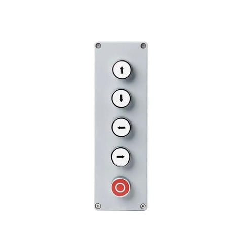 Front view of gray metal DIY push-button control panel with four directional buttons and red emergency stop.