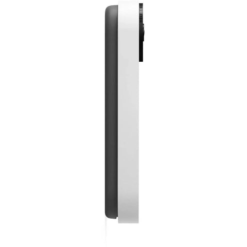 Side view of Nest Doorbell Battery Snow Finish With HD Live View, HDR And Night Vision, showing slim white design.
