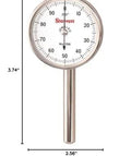 Starrett dial test indicator with back plunger, white dial face on metal stem; front view, 3.74 in tall, 2.56 in wide