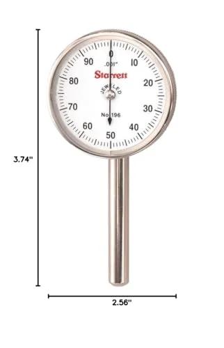 Starrett dial test indicator with back plunger, white dial face on metal stem; front view, 3.74 in tall, 2.56 in wide