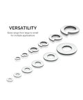 Stainless steel lock and flat washer assortment in 12 sizes, arranged from small to large.