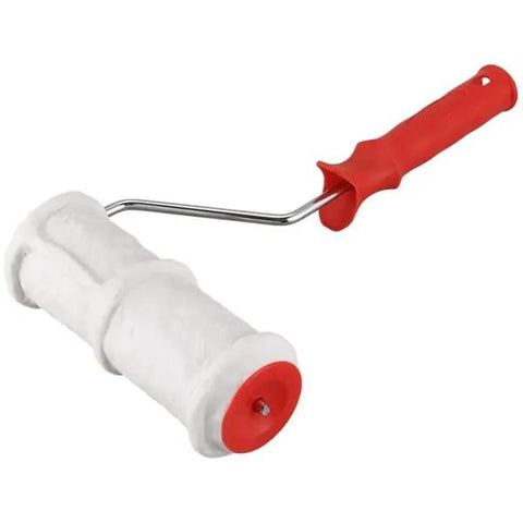Pro Grade Texture Paint Roller Delivers Killer Brick and Rustic Stone Looks on Interior Walls Patio Walkways and DIY Renovations Effortless Glide with Zero Sweat Red, with white roller and red handle.