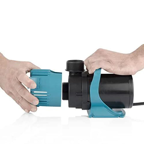 Side view of submersible pond pump, blue/teal and black housing, 3000 GPH