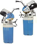 Badass 3 Phase Cold Saw With 14 Inch Blade And Massive Heavy Duty Stand For Chopping Through Steel And Iron Includes Swivel Base Vise Auto Retracting Guard 1.5 HP Motor Knocks Out Ferrous Work Fast High Low Speeds, showcasing motor and cutting mechanisms.