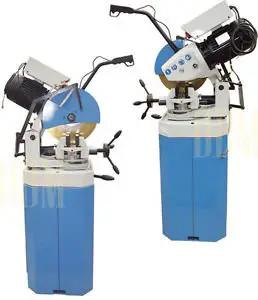 Badass 3 Phase Cold Saw With 14 Inch Blade And Massive Heavy Duty Stand For Chopping Through Steel And Iron Includes Swivel Base Vise Auto Retracting Guard 1.5 HP Motor Knocks Out Ferrous Work Fast High Low Speeds, showcasing motor and cutting mechanisms.