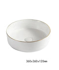 Round above table basin with gold trim, 360mm ceramic sink, USZWBY Vessel Sinks Simple Hotel Bathroom Ceramic Sink.