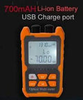Front view of orange handheld optical fiber power meter tester with LCD, three buttons and USB charging port
