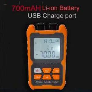 Front view of orange handheld optical fiber power meter tester with LCD, three buttons and USB charging port