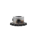 35 Chain Drive Sprocket Wheel With Twelve Teeth For 35H Roller Chain Three Eighths Inch Pitch Bore With Keyway Ten mm And Set Screws In Tough A3 Steel Built For Real World Durability And Easy No Fuss Install image, showing steel sprocket's teeth and bore with visible set screws.