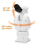 Tough As Nails Vandal Resistant Outdoor Thermal Bullet Camera With Radiometric Imaging rotating on base for 360 degrees view.