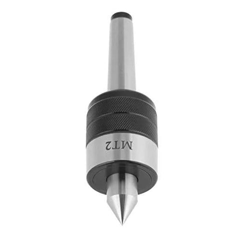 MT2 live center lathe tool close-up, 60° point, silver body with black knurled ring
