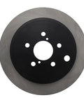 Front view of Centric Premium rear brake rotor; black center hub with bolt holes and silver outer braking surface