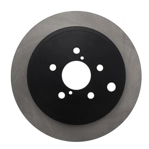 Front view of Centric Premium rear brake rotor; black center hub with bolt holes and silver outer braking surface
