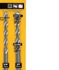 Front view of DEWALT DW5204 four-piece masonry drill bit set in yellow packaging; visible 5/16 inch and 3/8 inch bits.