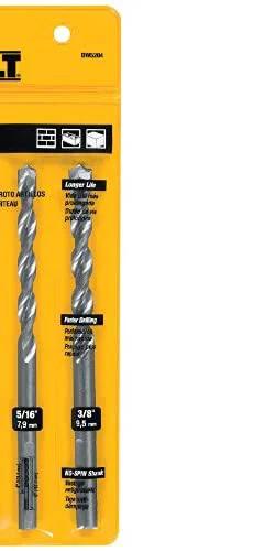 Front view of DEWALT DW5204 four-piece masonry drill bit set in yellow packaging; visible 5/16 inch and 3/8 inch bits.