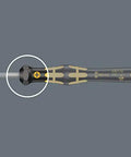 Close-up of ESD Safe Kraftform Micro Slotted Screwdriver with anti roll handle and swivel cap for precise slotted screws, 0.30 x 1.8 x 60 mm.