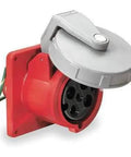 Rock Solid Iec Pin And Sleeve Receptacle With Badass Build Quality Offering 60 Amp 480 Volt Output In Vibrant Red Finish, angled view.