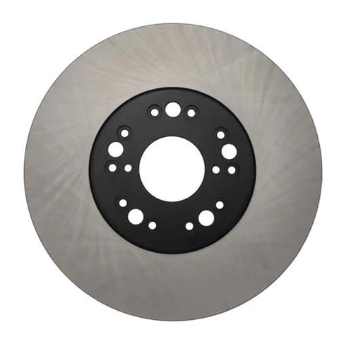 Front view of a brake rotor disc with a black center hub and multiple bolt holes.