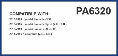Compatibility information for Engine Air Filter PA6320 with Hyundai Santa Fe and Kia Sorento models listed by year and engine size.