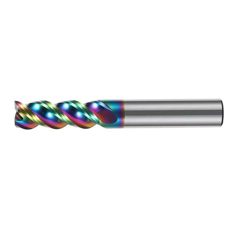Carbide square end mill bit, rainbow DLC coating, 1/2 in shank, 3 in overall length, 3 flutes for aluminum